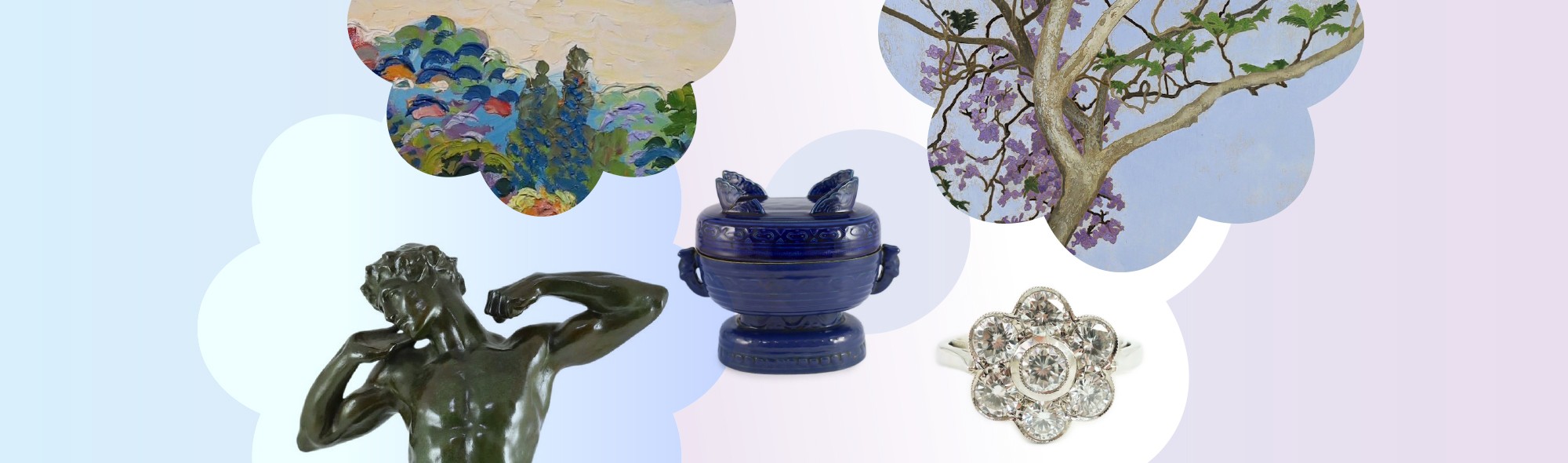 Fred Yates, Figures on a woodland path, Cressida Campbell, Jacaranda in full blossom, Platinum and seven stone diamond ring, After Lord Frederick Leighton, bronze, The Sluggard, Chinese Imperial blue glazed ritual offering vessel and cover