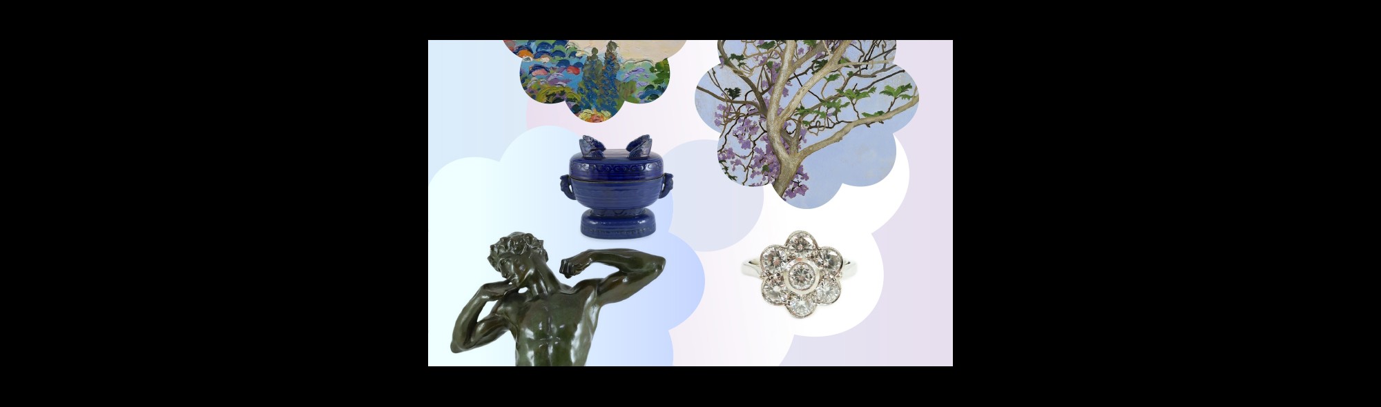 Fred Yates, Figures on a woodland path, Cressida Campbell, Jacaranda in full blossom, Platinum and seven stone diamond ring, After Lord Frederick Leighton, bronze, The Sluggard, Chinese Imperial blue glazed ritual offering vessel and cover