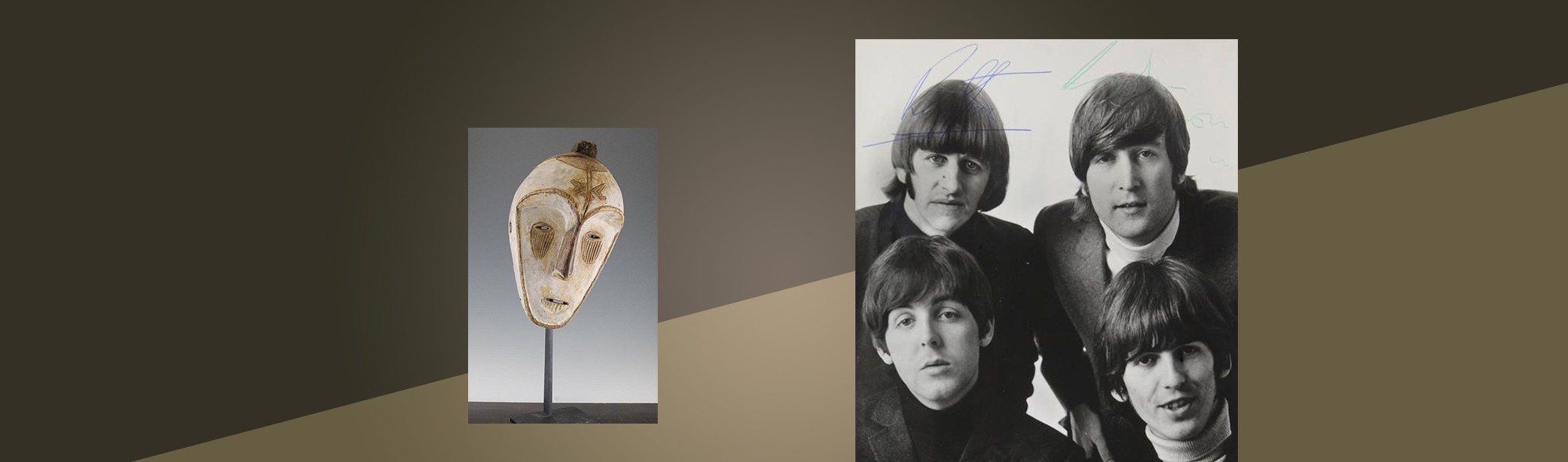 tribal mask and Beatles photo