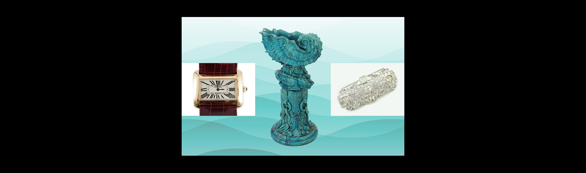 18ct gold Cartier Tank Divan quartz wristwatch, Burmantofts turquoise glazed faience ‘giant shell’ jardiniere and stand and An Art Deco pierced platinum and millegrain set diamond cluster shaped rectangular brooch