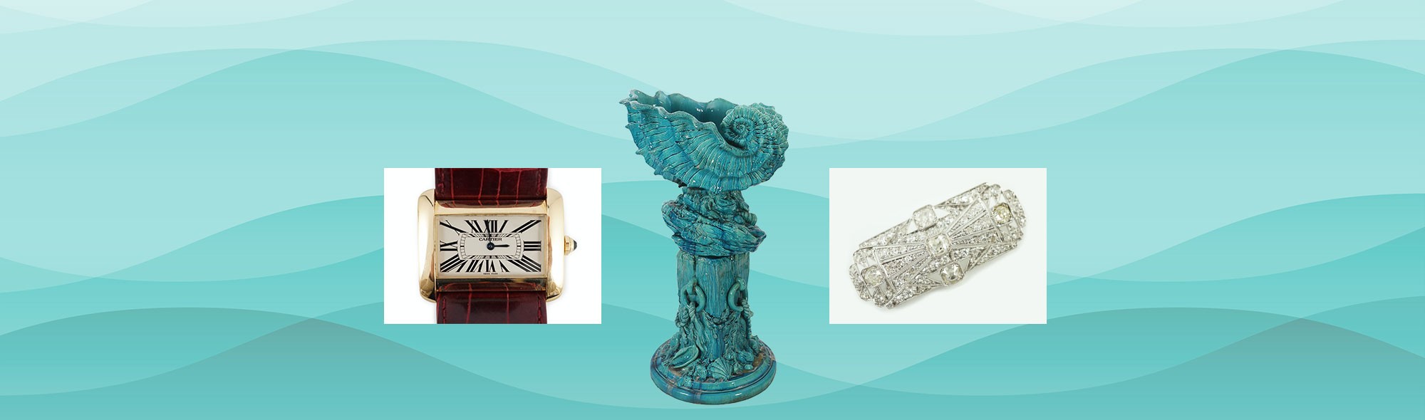 18ct gold Cartier Tank Divan quartz wristwatch, Burmantofts turquoise glazed faience ‘giant shell’ jardiniere and stand and An Art Deco pierced platinum and millegrain set diamond cluster shaped rectangular brooch