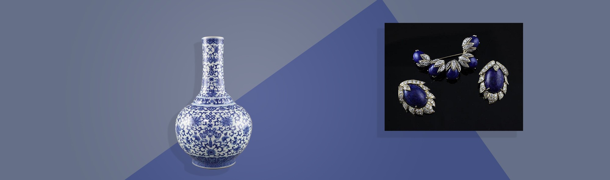 blue asian vase and set of blue and diamond jewellery
