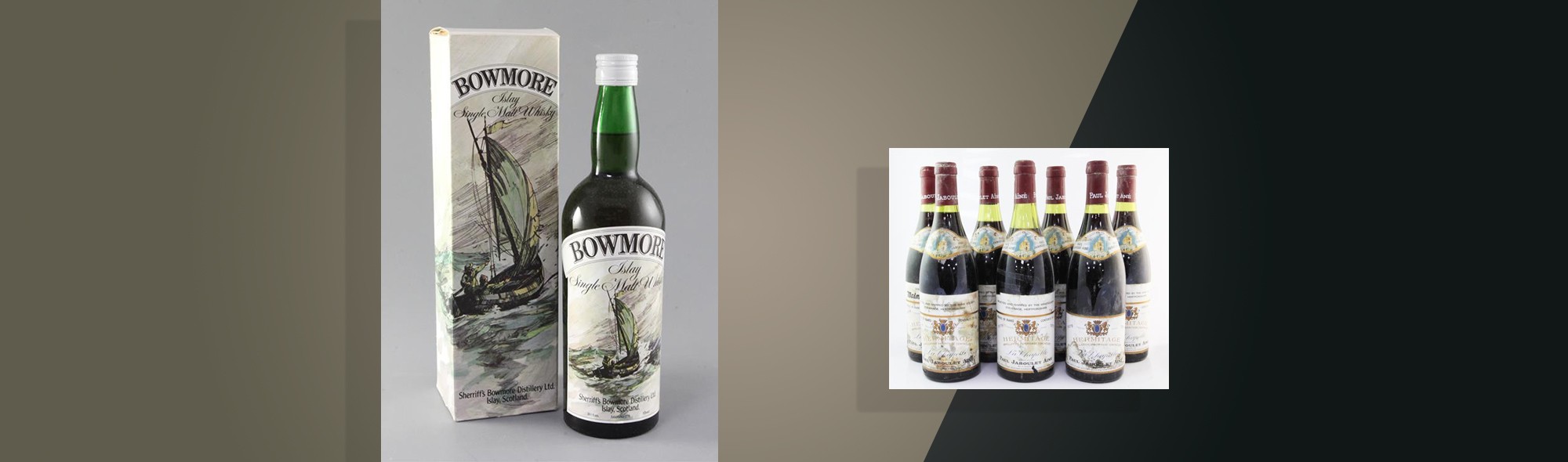 bowmore whisky and bottles of red wine