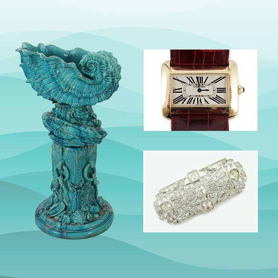 18ct gold Cartier Tank Divan quartz wristwatch, Burmantofts turquoise glazed faience ‘giant shell’ jardiniere and stand and An Art Deco pierced platinum and millegrain set diamond cluster shaped rectangular brooch