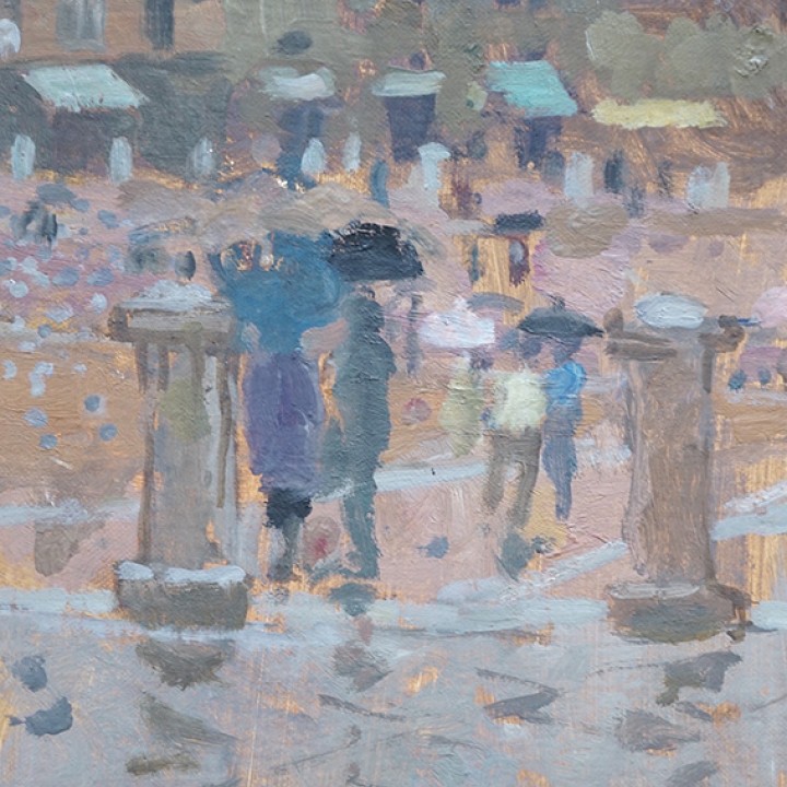 Bernard Dunstan R.A.(1920-2017), oil on board, 'The Campo, Rainy Day'