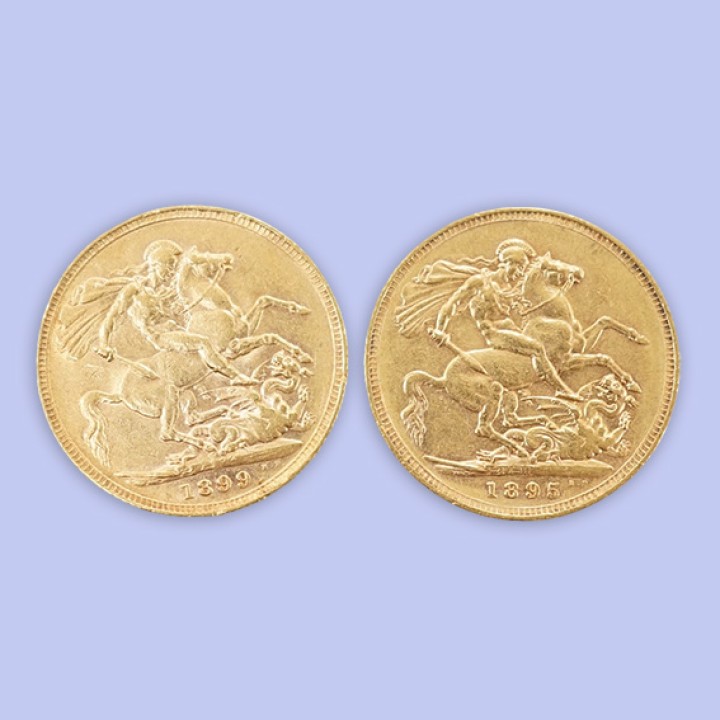 Two Victoria gold sovereigns, 1895 & 1899.