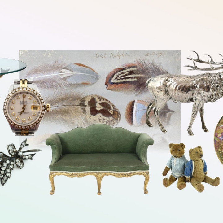 Robert Wyland (American, b.1956), a patinated bronze group ‘Dolphin Reef’  A lady’s 1980’s stainless steel and gold Rolex Oyster Perpetual Datejust wrist watch  Eliot Hodgkin (English, 1905-1987), Six Feathers, tempera on card