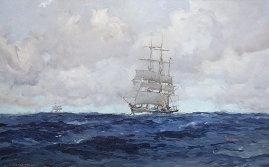 painting of ship on stormy seas