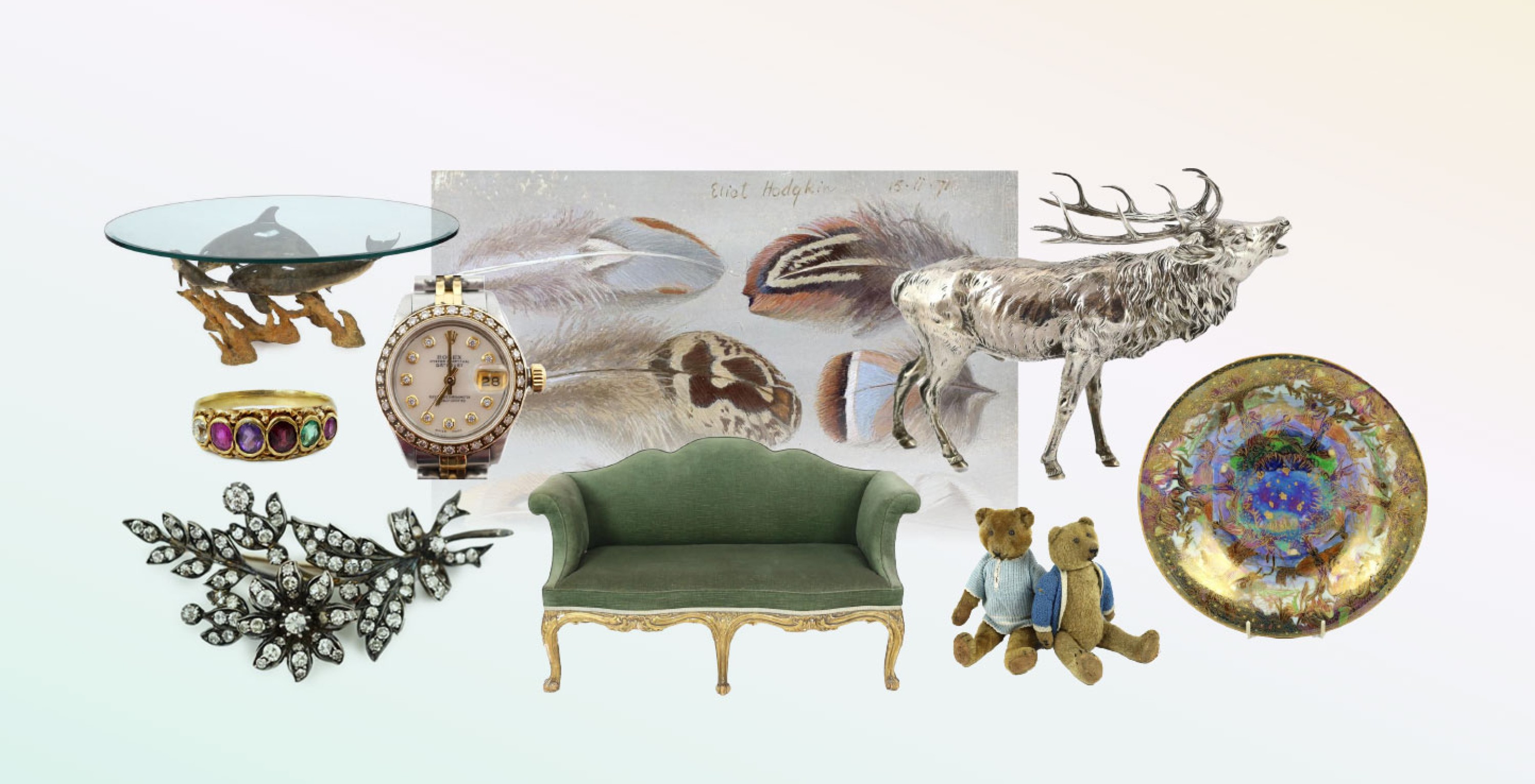 Robert Wyland (American, b.1956), a patinated bronze group ‘Dolphin Reef’  A lady’s 1980’s stainless steel and gold Rolex Oyster Perpetual Datejust wrist watch  Eliot Hodgkin (English, 1905-1987), Six Feathers, tempera on card
