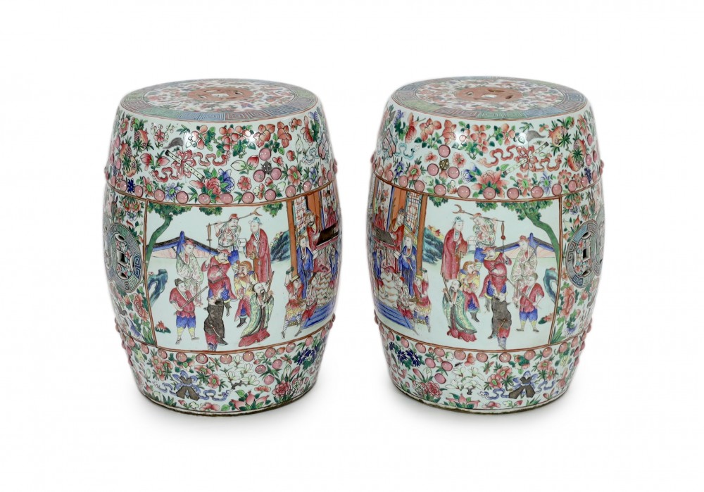 A pair of Chinese famille rose barrel garden seats