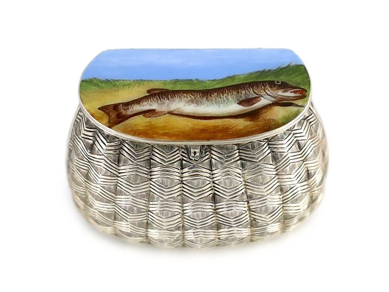 A Victorian novelty silver and enamel vesta case, modelled as a fishing creel, by George Wilkinson
