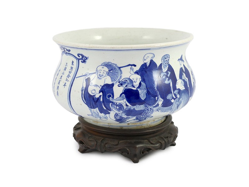 A rare Chinese blue and white ‘eighteen luohan’ censer, Kangxi period, inscribed dedication and cyclical date for 1709