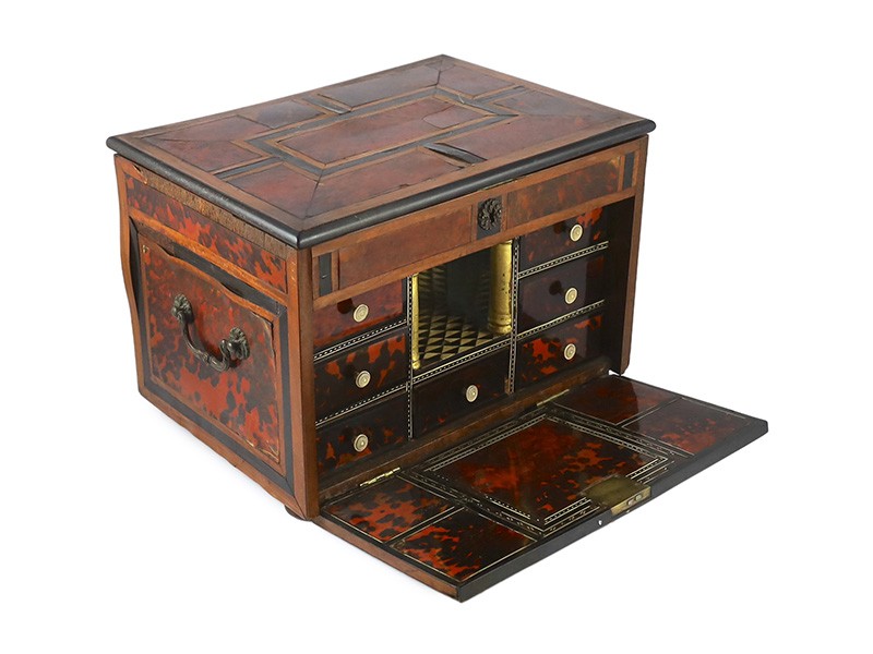 An early 18th century Indo Portuguese ebony, satinwood and red tortoiseshell travelling case