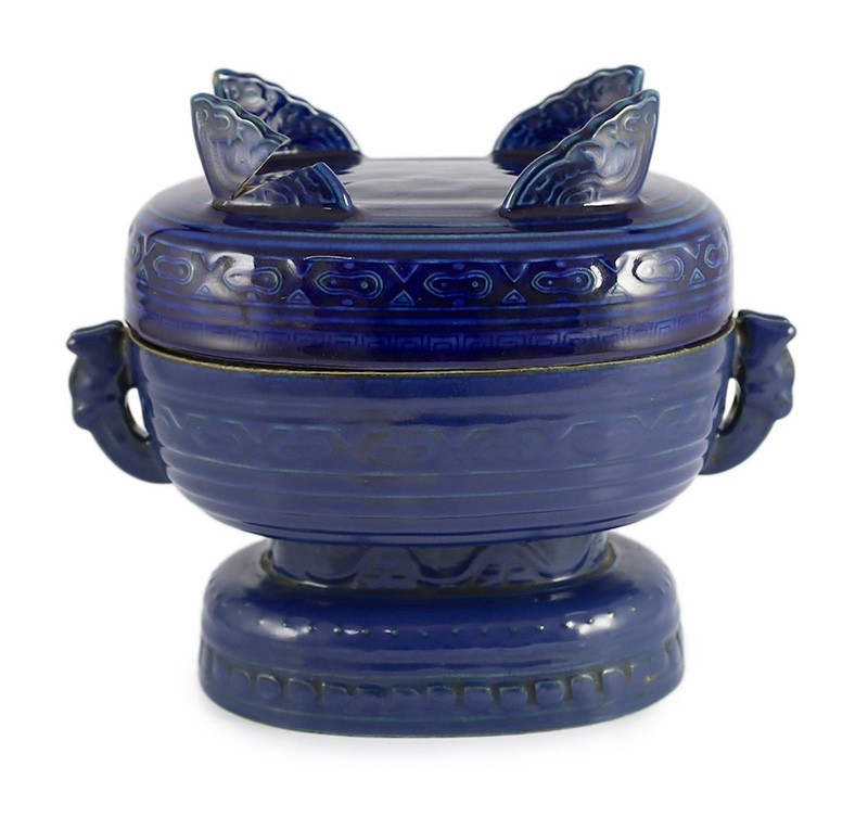A Chinese Imperial blue glazed ritual offering vessel and cover