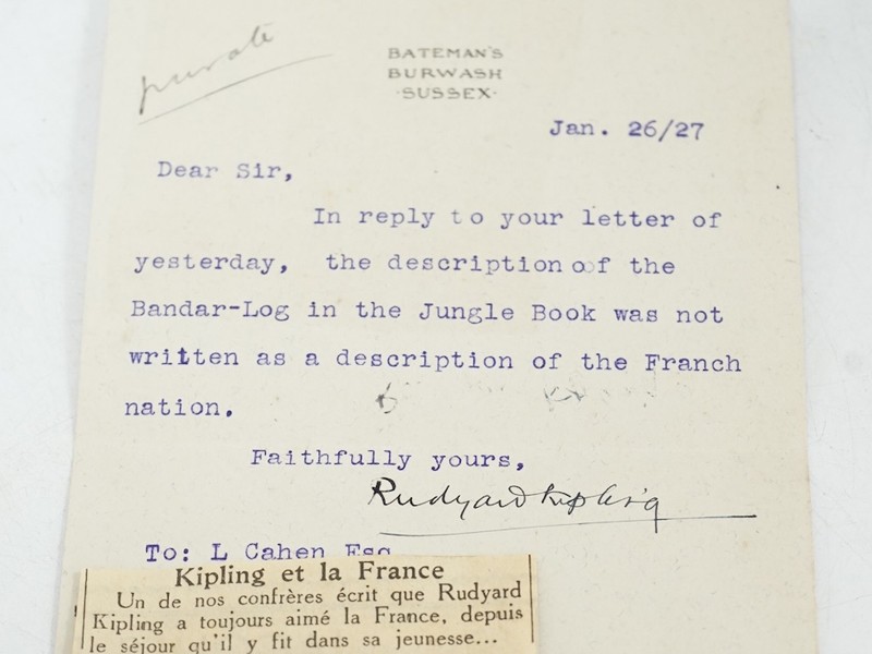 A Rudyard Kipling type written letter on Bateman’s, Burwash, Sussex headed notepaper, dated 26/27 January (1927) A Rudyard Kipling type written letter on Bateman’s, Burwash, Sussex headed notepaper, dated 26/27 January (1927)
