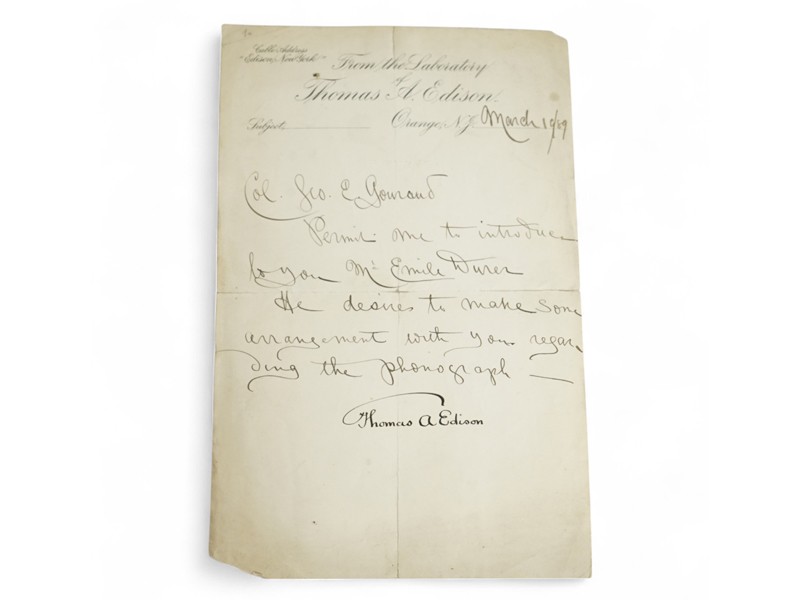 A handwritten letter signed by Thomas Edison on headed notepaper A handwritten letter signed by Thomas Edison on headed notepaper