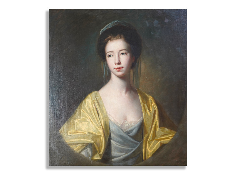 Follower of George Romney, British 1734-1802, A portrait of a young lady with yellow drapery