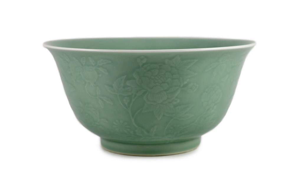 Chinese moulded celadon-glazed bowl