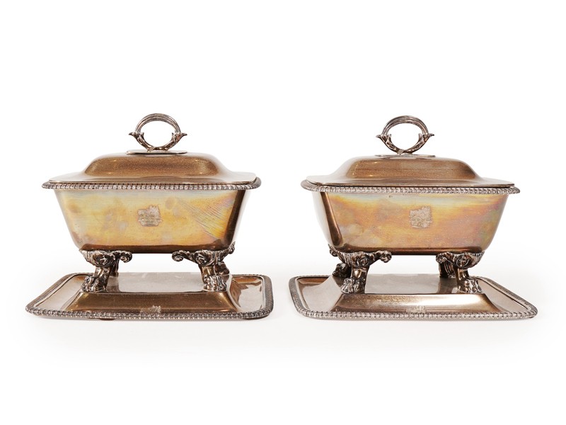 A pair of George IV silver sauce tureens with covers and integral stands, by Philip Rundell