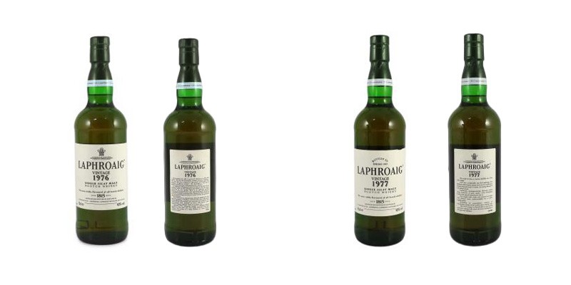 Bottles of Laphroaig Vintage 1976 and 1977 Islay Single Malt Scotch Whisky