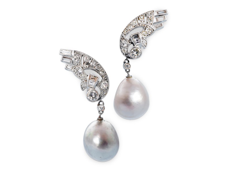 A fine pair of Art Deco natural pearl and diamond earrings, 1930s A fine pair of Art Deco natural pearl and diamond earrings, 1930s