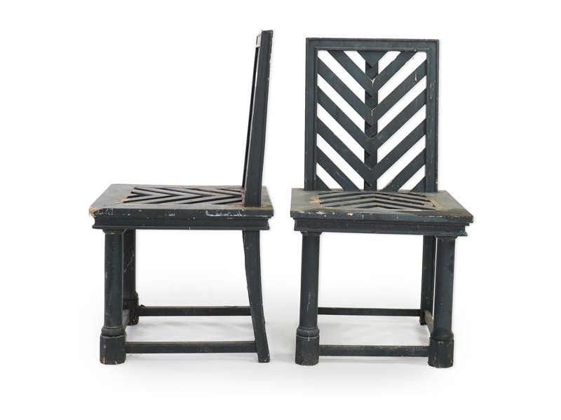 A set of fourteen green painted beech garden chairs, designed by Emilio Terry for the Theatre de Verdue, Chateau De Groussay A set of fourteen green painted beech garden chairs, designed by Emilio Terry for the Theatre de Verdue, Chateau De Groussay